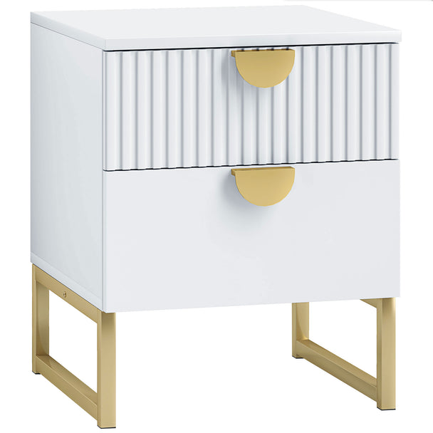 Compact white 2-drawer bedside table with ridged top drawer, gold-tone handles and metal base