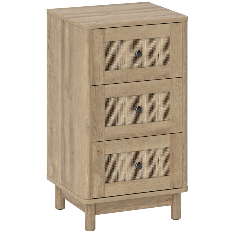 Slim oak-effect 40 cm bedside chest with three rattan-front drawers and pine legs