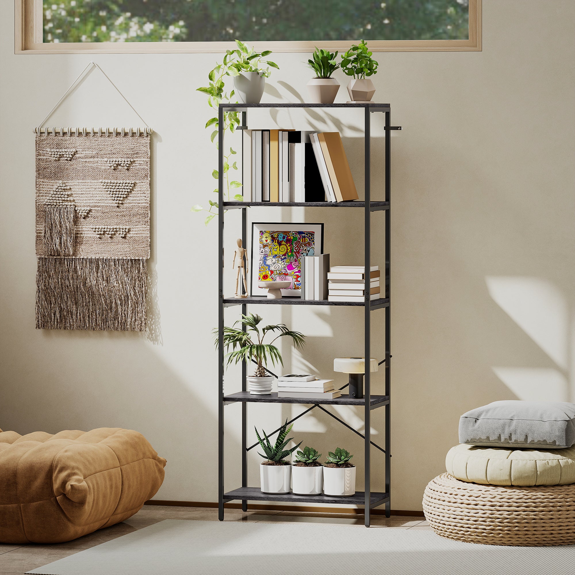 5-Tier Bookshelf, Industrial Bookcase with Metal Frame - Dark Grey and Black