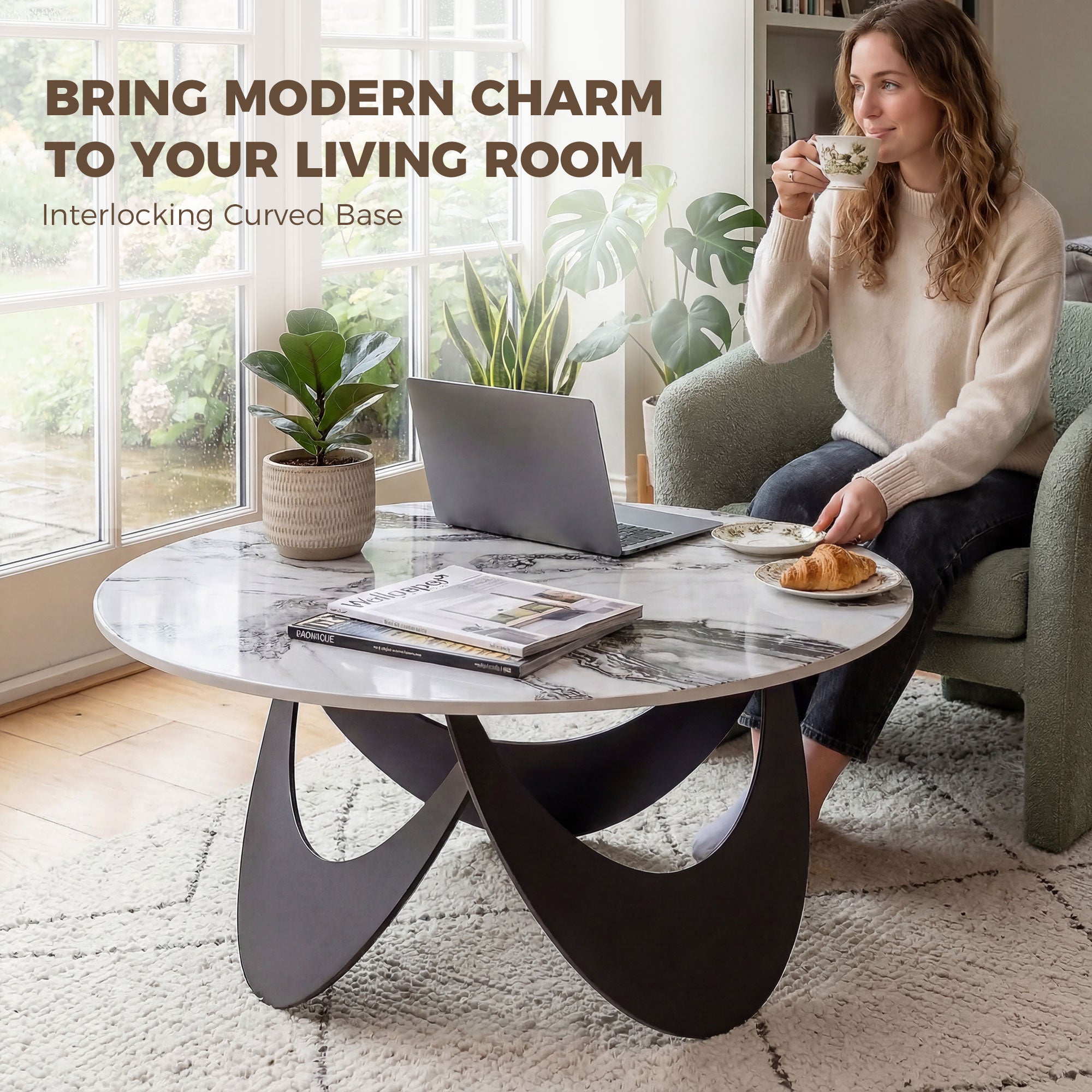 Coffee Table Sintered Stone Top Adjustable Foot Pads Modern Centre Table for Living Room White and Black