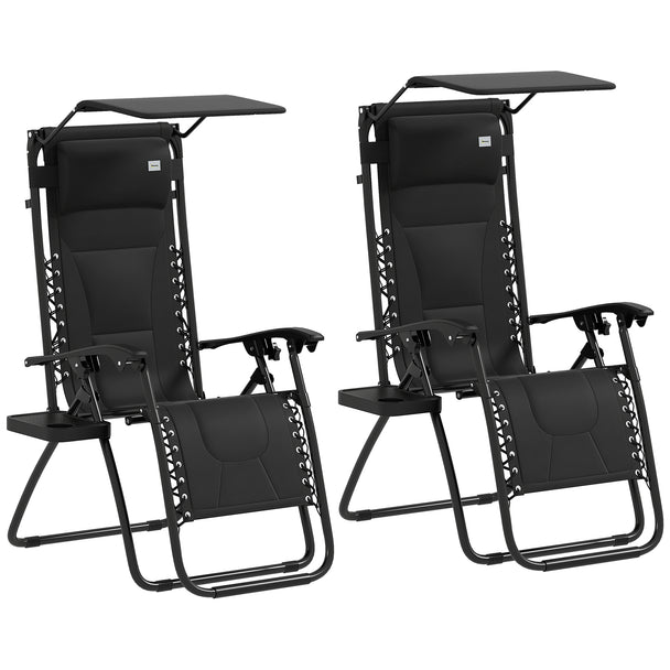 Set of 2 black folding zero gravity recliner chairs with shade canopies and cup holder trays
