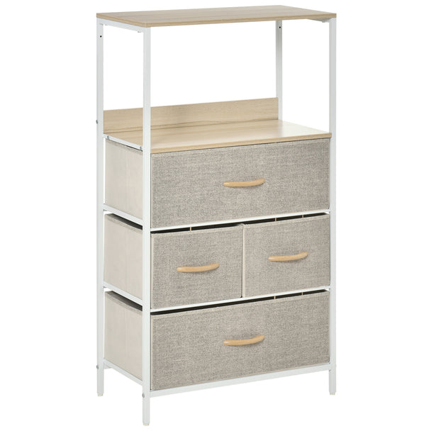 Light grey and white storage unit with two open shelves above four fabric drawers