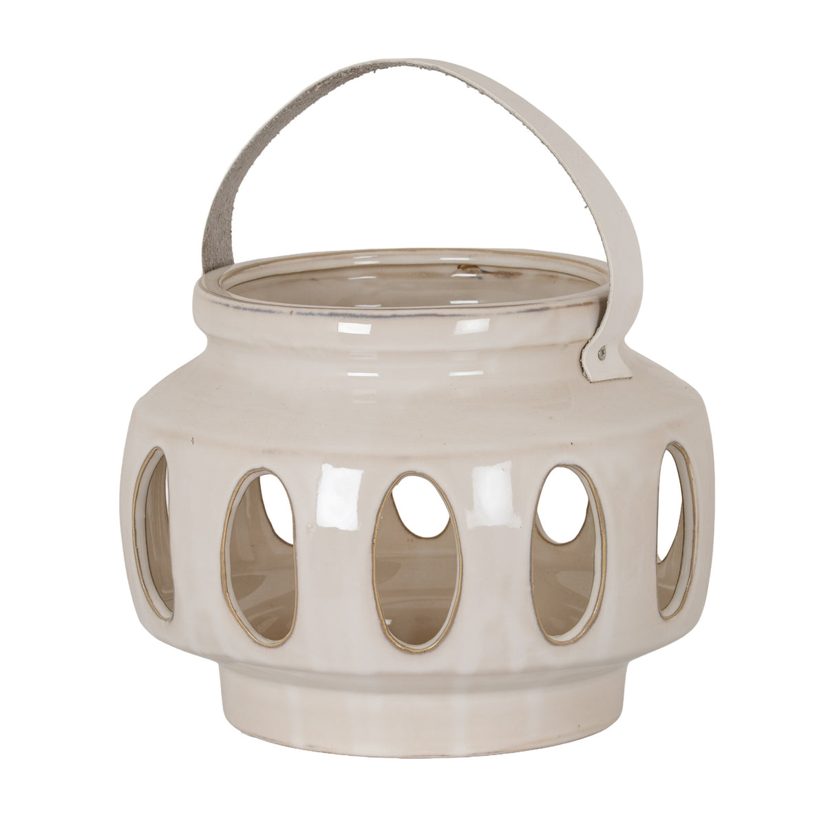 Novi cream ceramic oval window lantern with handle on white