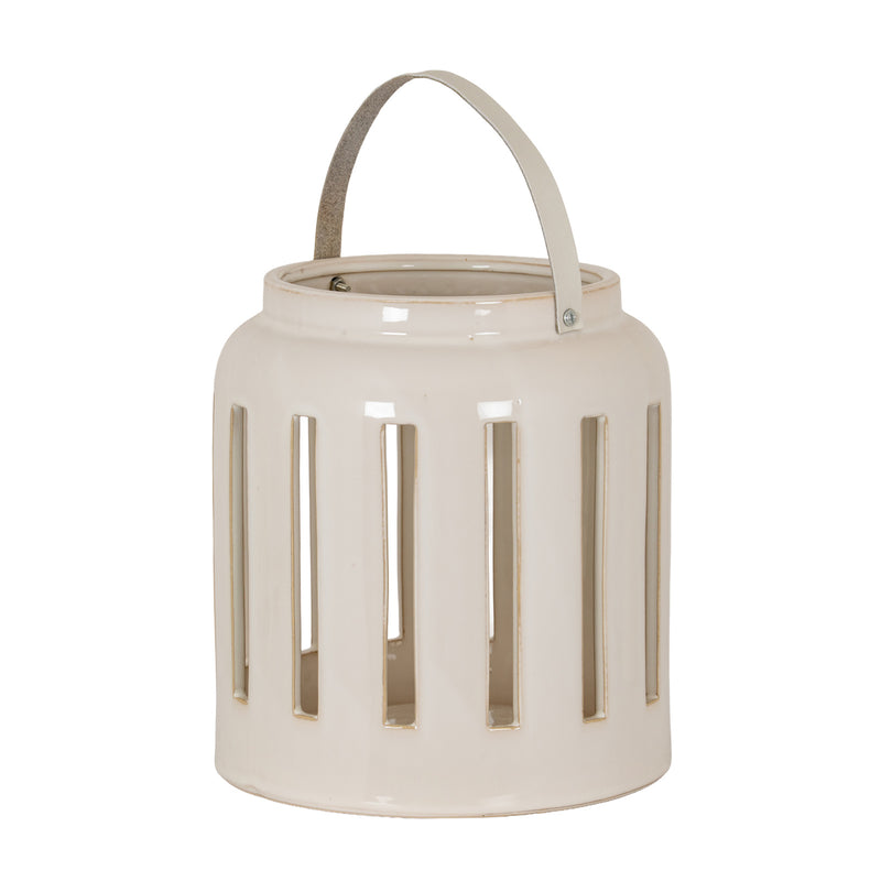 Novi cream ceramic rectangle window lantern with handle on white