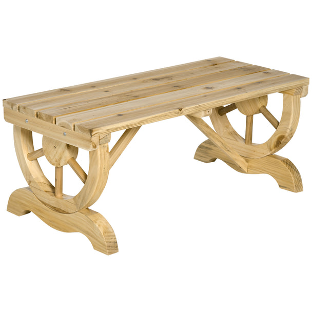 Natural fir wood backless garden bench with wagon wheel ends