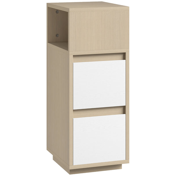 HOMCOM Slim Bedside Table, Narrow Bedside Cabinet with Open Shelf and 2 Drawers for Bedroom, Living Room, Natural Wood
