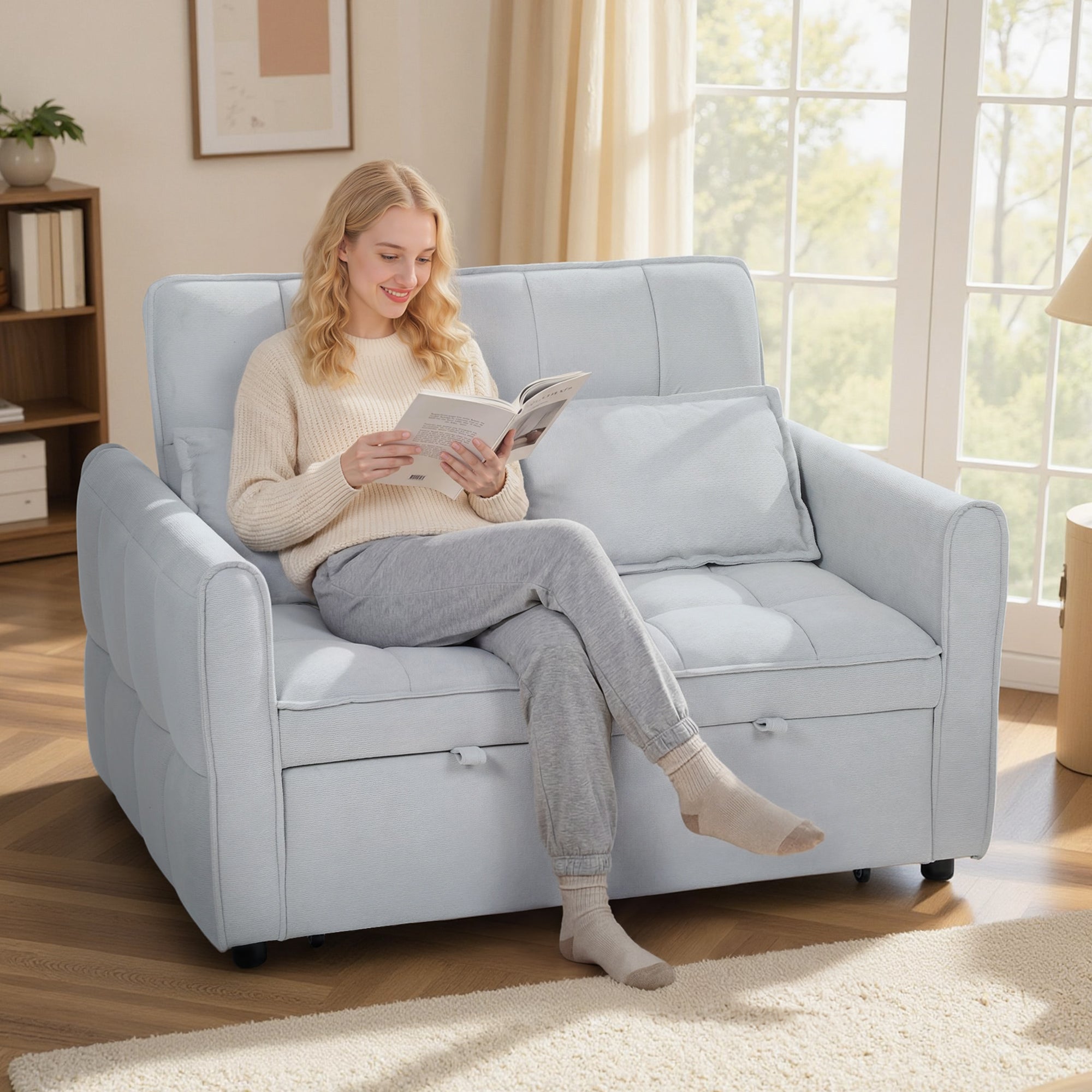 2 Seater Sofa Bed, 3-in-1 Convertible Sleeper Sofa with Click-clack Adjustable Backrest and 2 Pillows, Light Grey