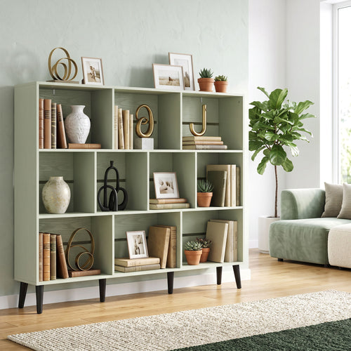 10-Cube Bookcase, 3-Tier Book Shelf with Solid Wood Legs, 140 cm Modern Bookshelf with Anti-Tip Kit, Light Green