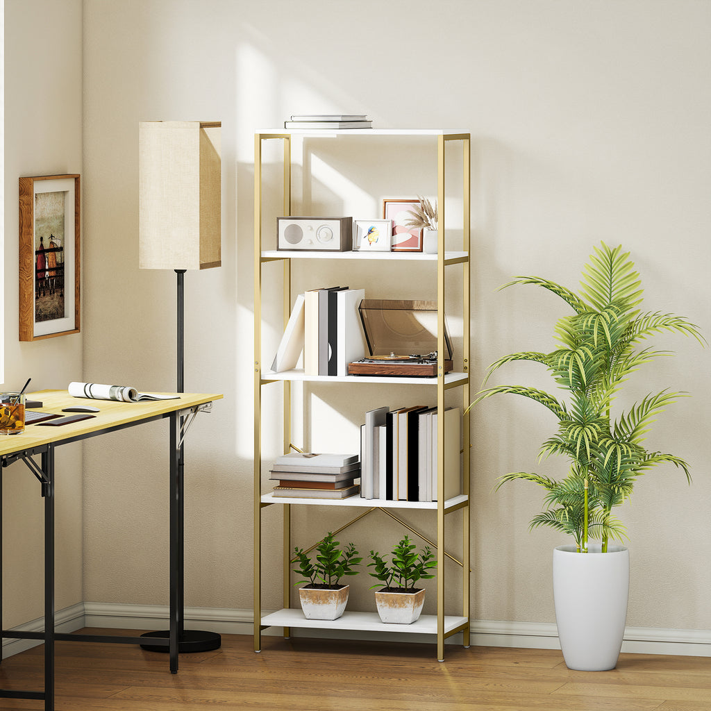 5-Tier Bookshelf, Modern Bookcase with Metal Frame - White and Gold Tone