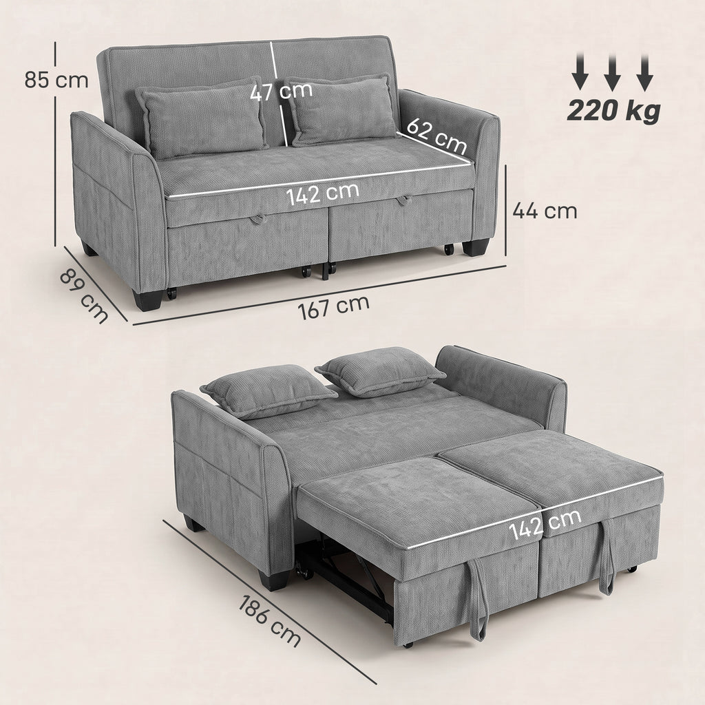 2 Seater Sofa Bed, 4-in-1 L-Shaped Convertible Pull-Out Sleeper Sofa with Adjustable Backrest and Side Pockets, Grey