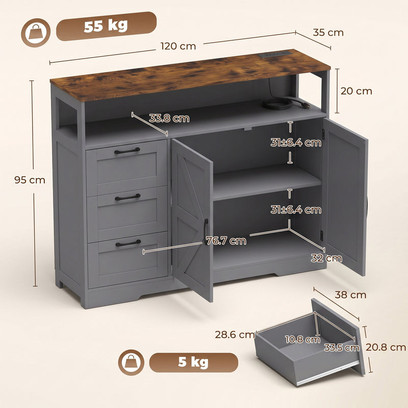 HOMCOM Sideboard Cabinet with Power Outlet, Farmhouse Kitchen Cabinet with 3 Drawers and Open Shelf, Grey – view 3