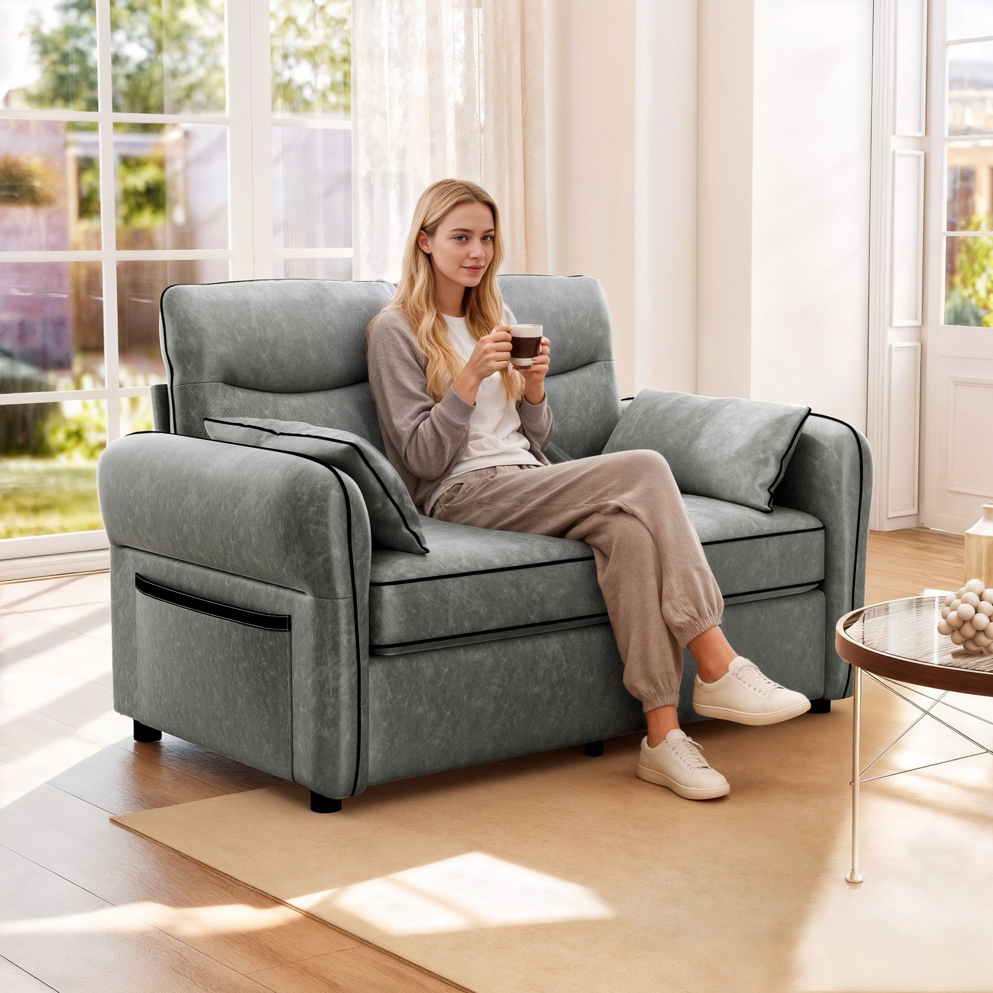 2 Seater Sofa, Faux Leather Loveseat - Grey