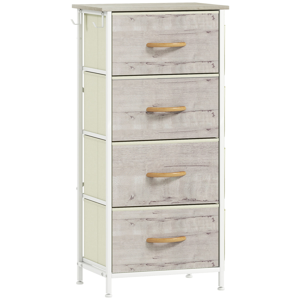 Slim natural wood and white 4-drawer fabric chest of drawers with side pockets