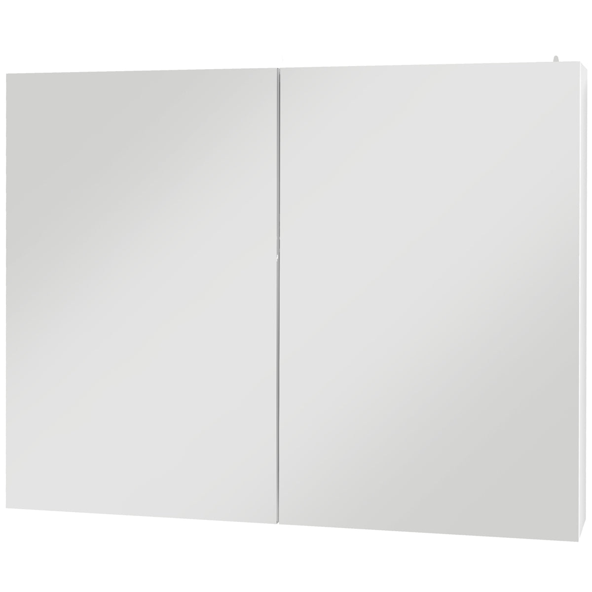 White wall-mounted LED mirror bathroom cabinet with two mirrored doors and illuminated edges, 90 cm