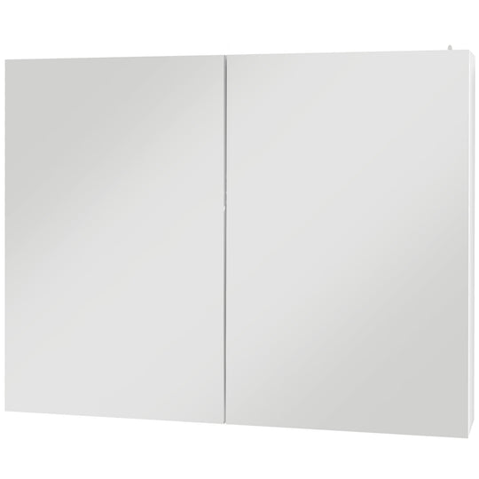 White wall-mounted LED mirror bathroom cabinet with two mirrored doors and illuminated edges, 90 cm