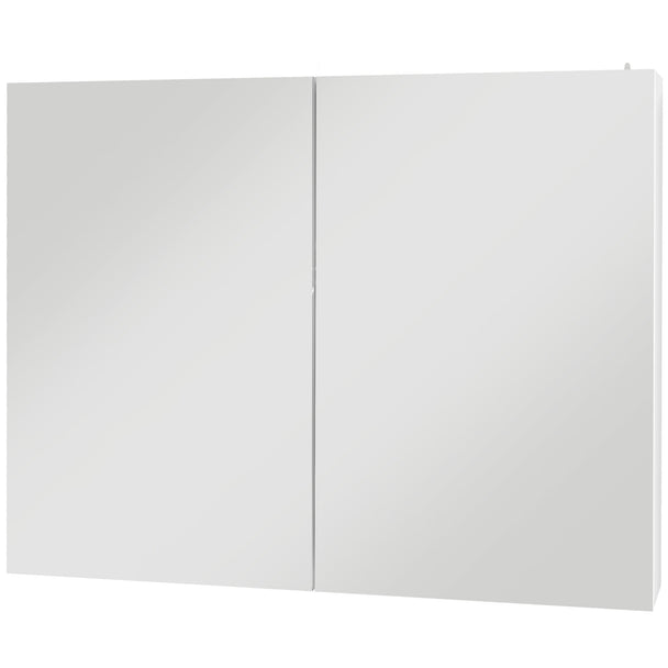 White wall-mounted LED mirror bathroom cabinet with two mirrored doors and illuminated edges, 90 cm
