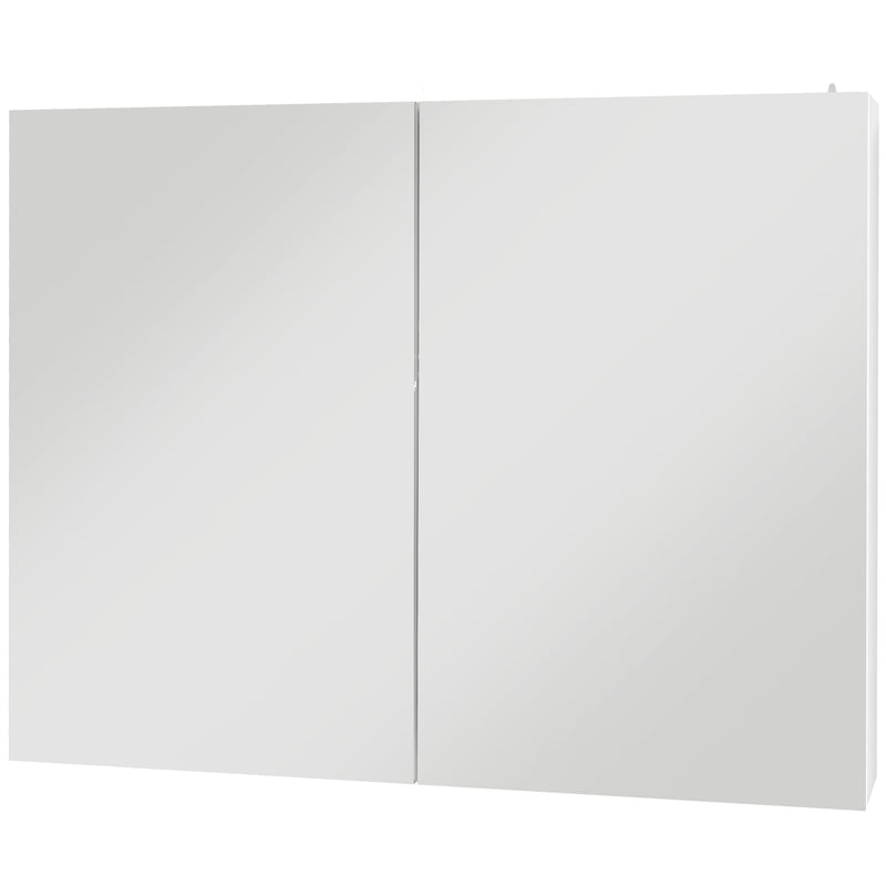 White wall-mounted LED mirror bathroom cabinet with two mirrored doors and illuminated edges, 90 cm