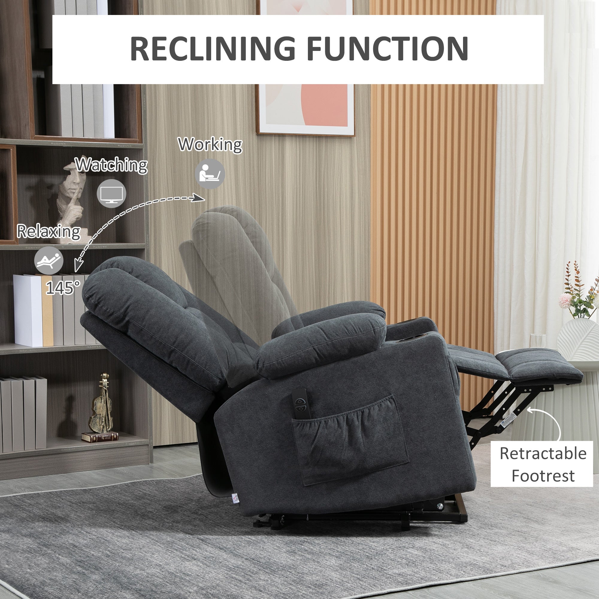 HOMCOM Electric Riser Recliner Armchairï¼ Oversized Chair with Cup Holder & Side Pockets for Elderly in Living Room, Charcoal Grey