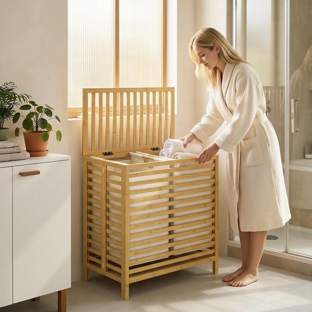 HOMCOM Bamboo Laundry Basket with Lid, 2 Baskets, Foldable, 64L, Natural and Cream White – view 2