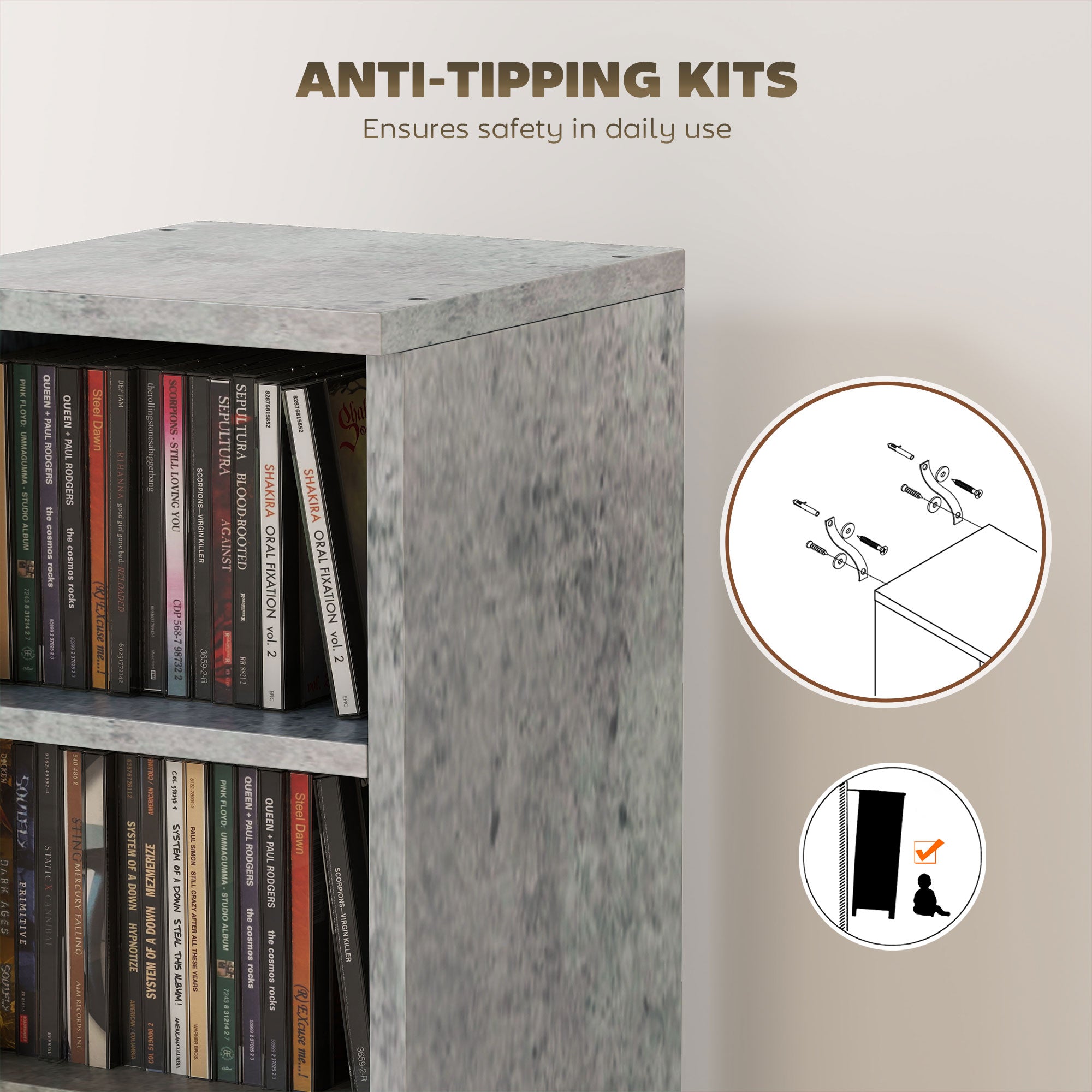 Set of 2 CD Media Display Shelf Unit Tower Rack with Adjustable Shelves, Grey