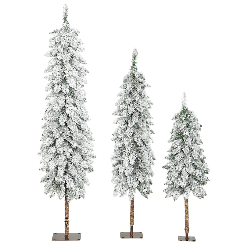 Set of three snow-flocked pencil Christmas trees in 3ft, 4ft and 5ft heights
