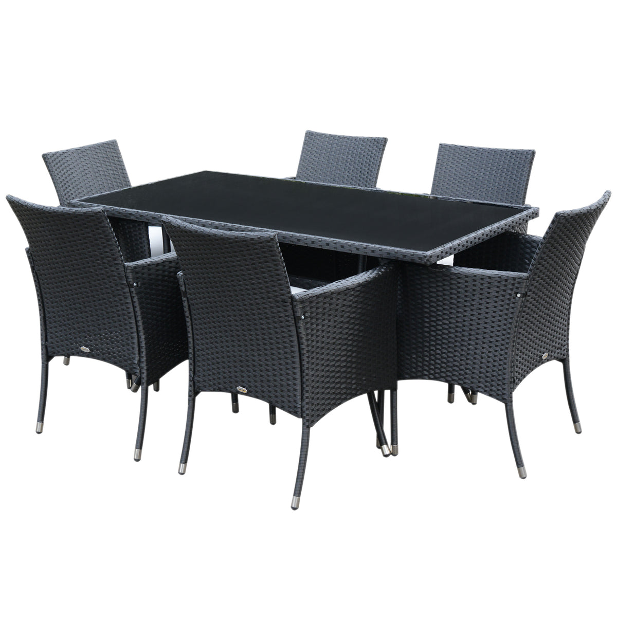 Black 6-seater rattan dining set with rectangular glass-top table and six cream-cushioned armchairs