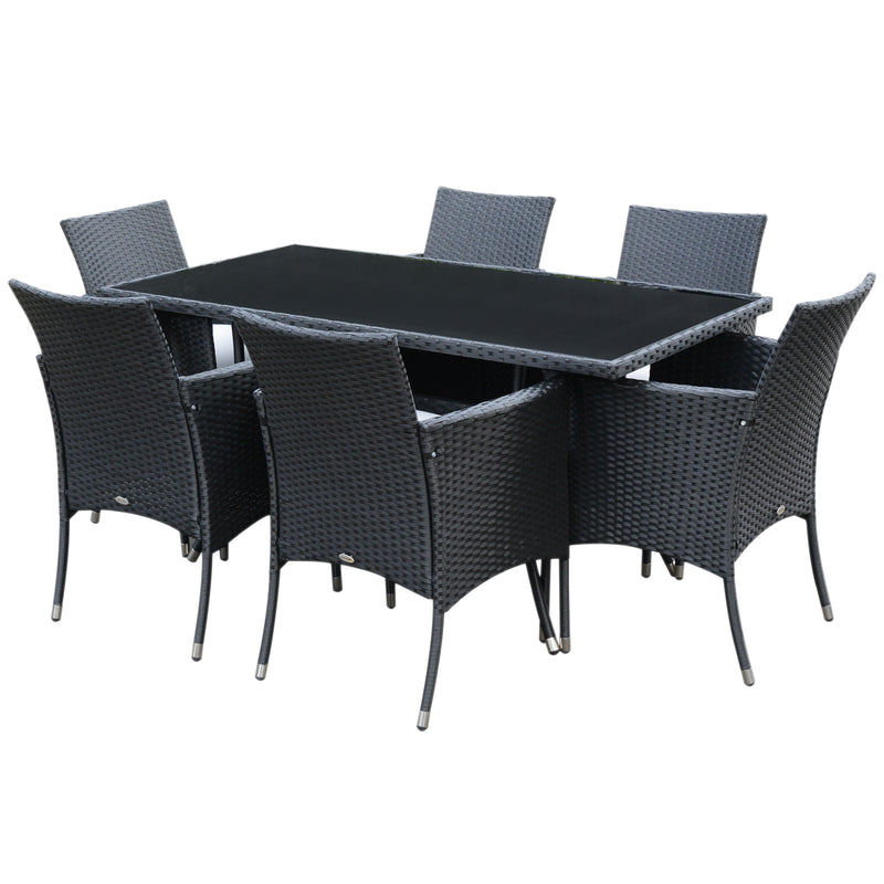 Black 6-seater rattan dining set with rectangular glass-top table and six cream-cushioned armchairs