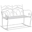 White metal 2-seater rocking garden bench with floral backrest and curved armrests