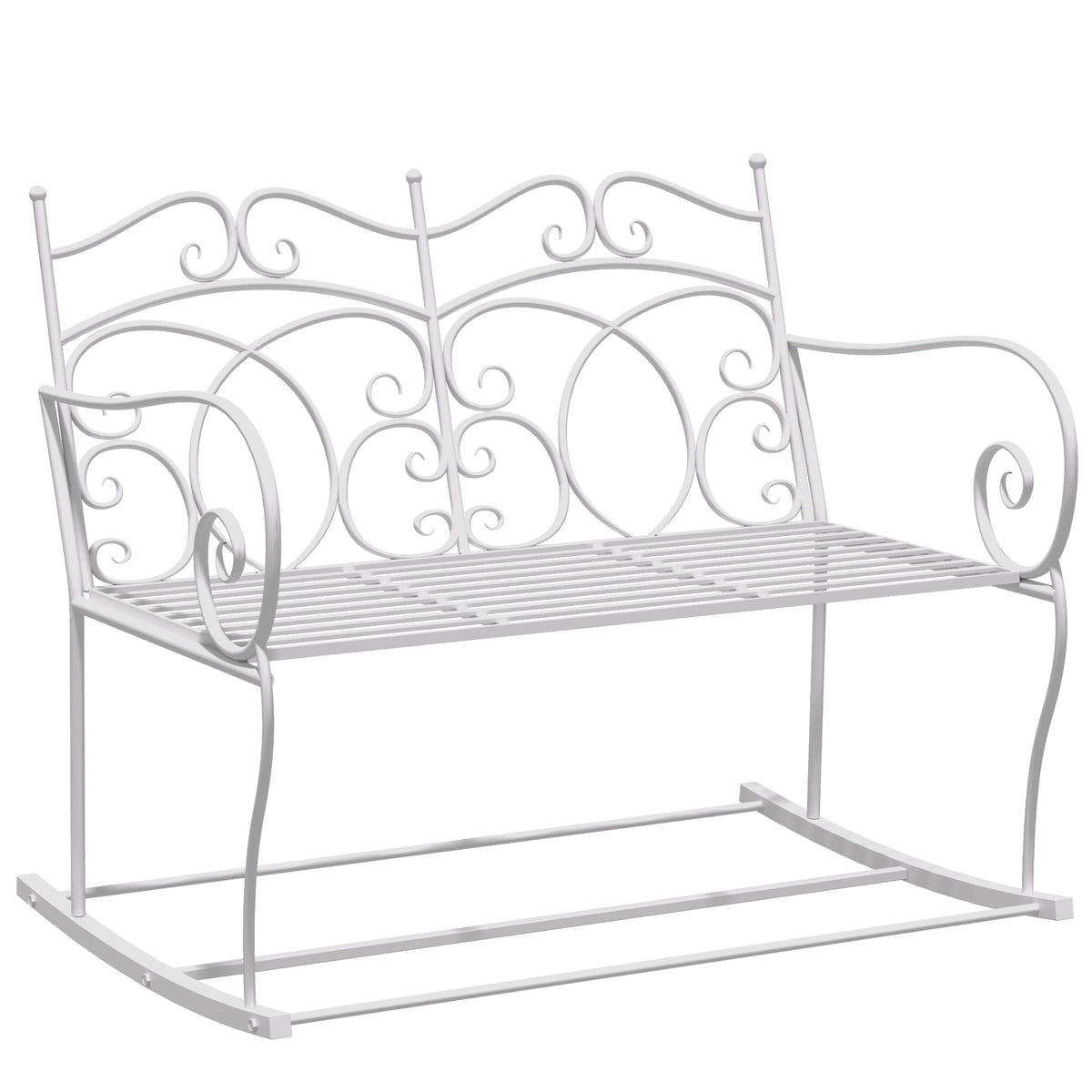 White metal 2-seater rocking garden bench with floral backrest and curved armrests