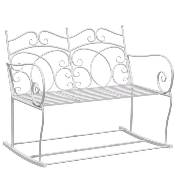 White metal 2-seater rocking garden bench with floral backrest and curved armrests