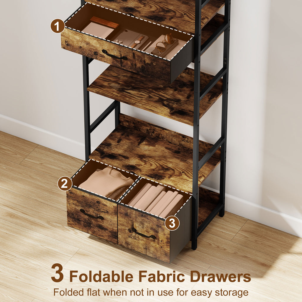 Industrial Style Bookcase, with 4 Shelves and 3 Fabric Drawers - Brown/Black
