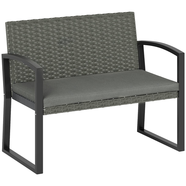 Light grey two-seater rattan garden bench with padded seat cushion