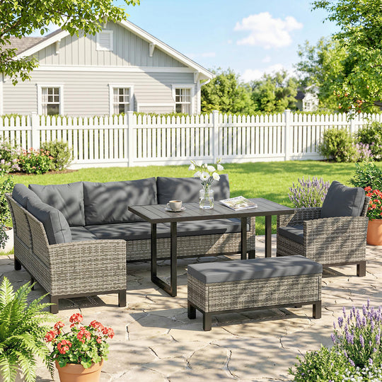 Outsunny 9 Seater Rattan Garden Furniture Corner Sofa Set, Outdoor Dining Set with Faux Wood Table, Ottoman, Cushions – view 2