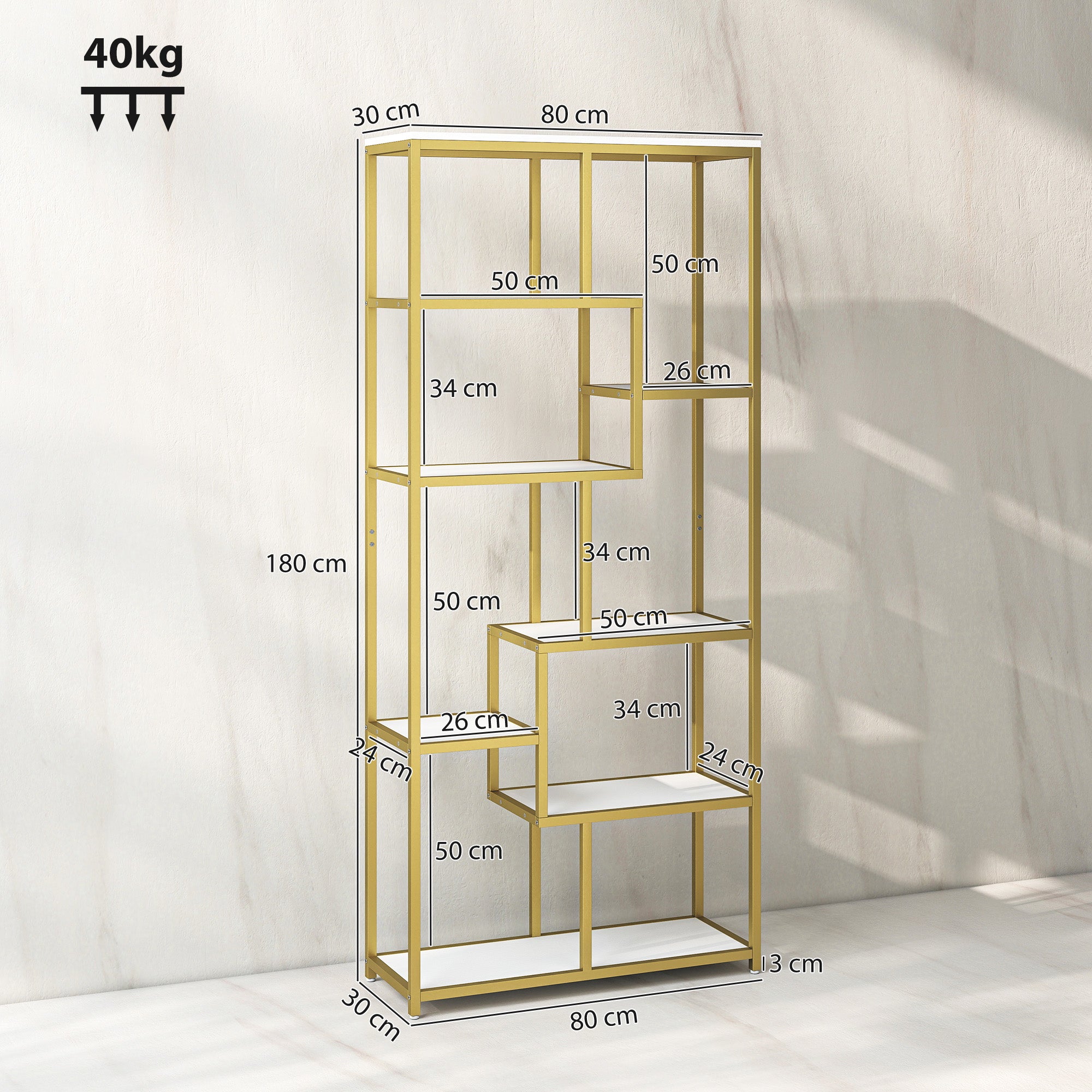 Seven-Tier Geometric Bookcase - White/Gold Tone