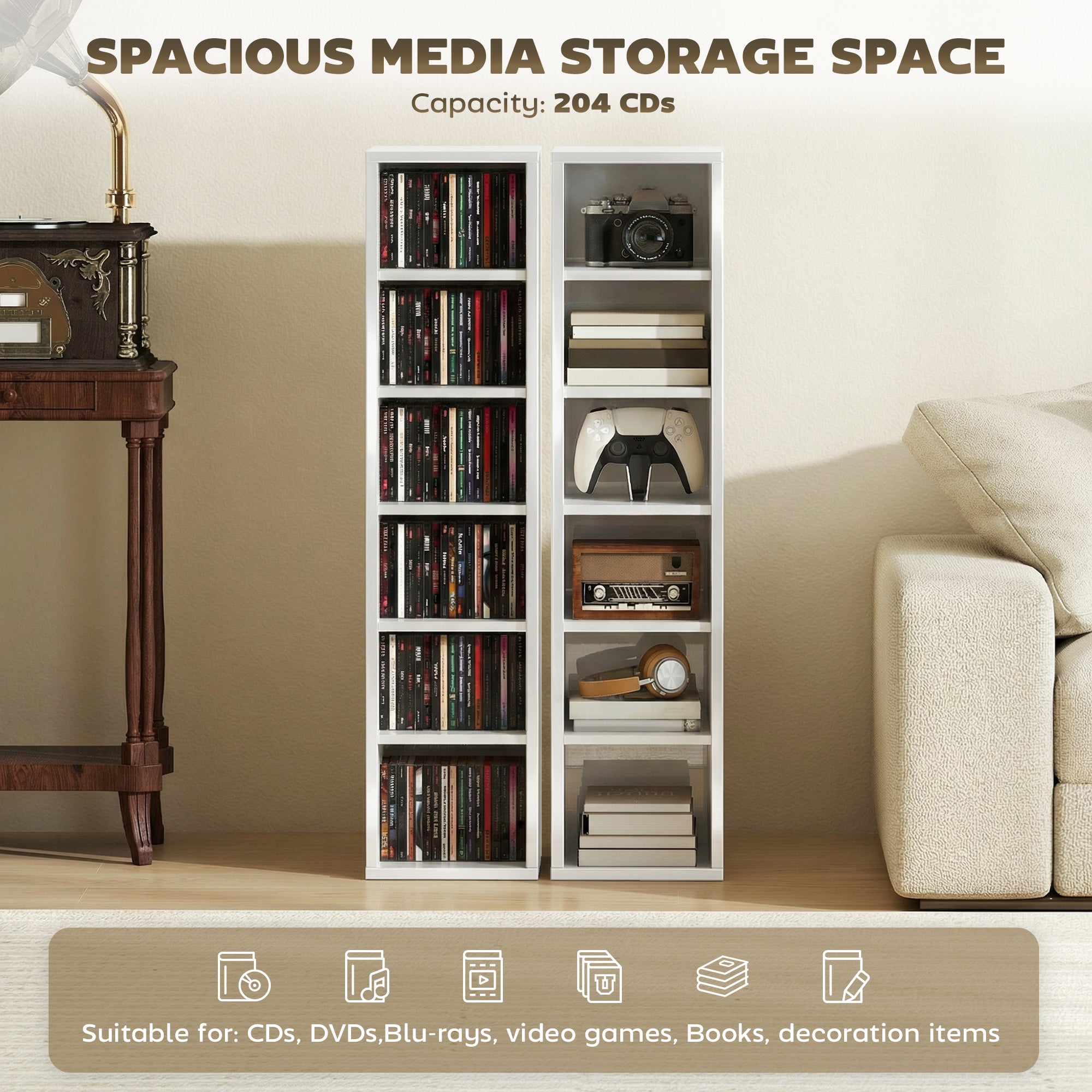 Set of 2 CD Media Display Shelf Unit Tower Rack with Adjustable Shelves, High Gloss White