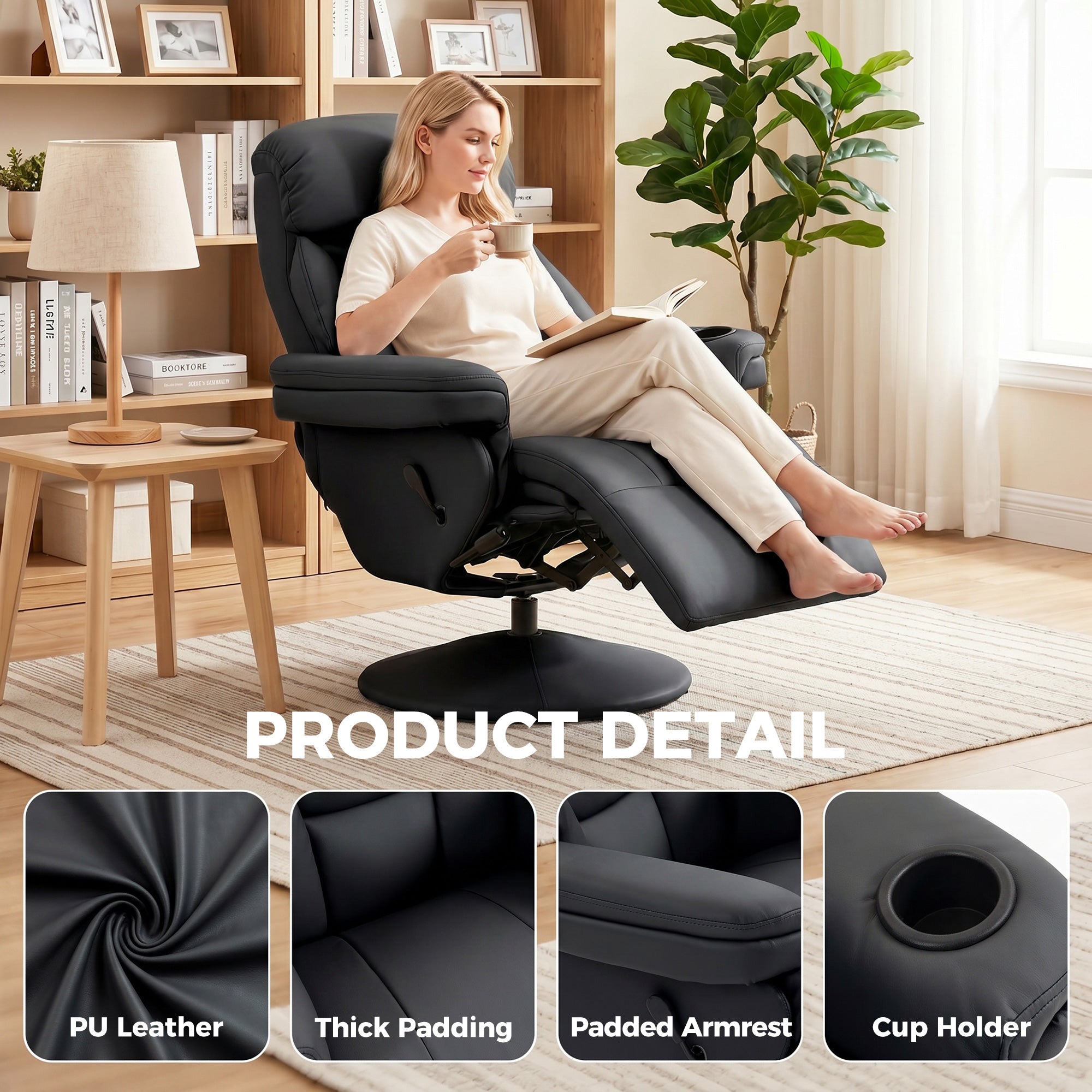 Upholstered Reclining Armchair, Manual Recliner Chair with Footrest and Adjustable Backrest, Black
