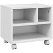 Compact white printer cabinet with three open compartments on wheels