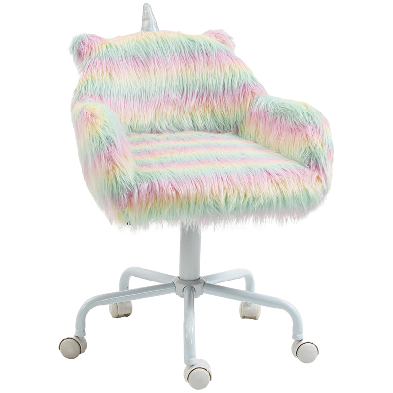 Colourful fluffy unicorn desk chair with ears, horn, armrests and swivel wheels