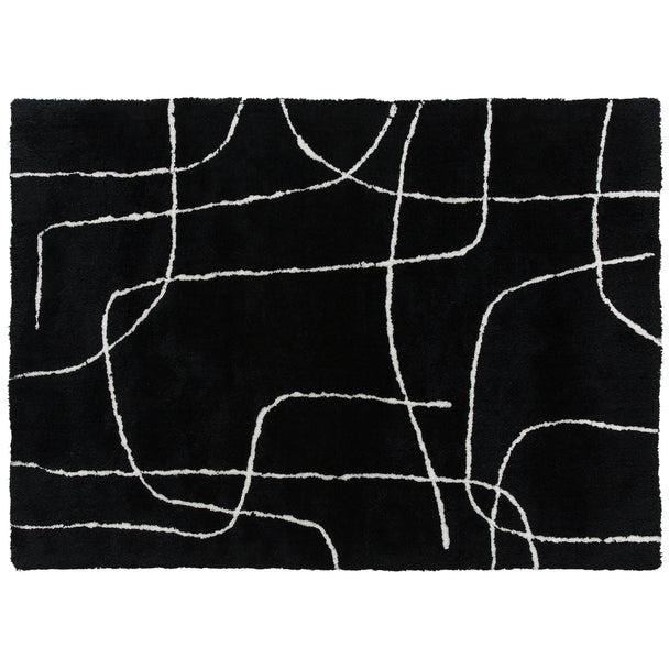 Black fluffy high pile rug with abstract white lines, 170 x 120 cm