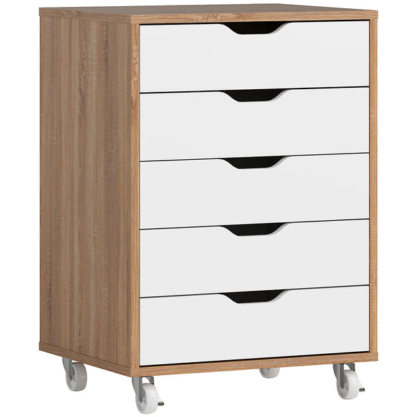 Oak-effect 5-drawer mobile filing cabinet with white drawer fronts and castors