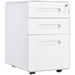 White three-drawer lockable steel filing cabinet on wheels with pencil tray