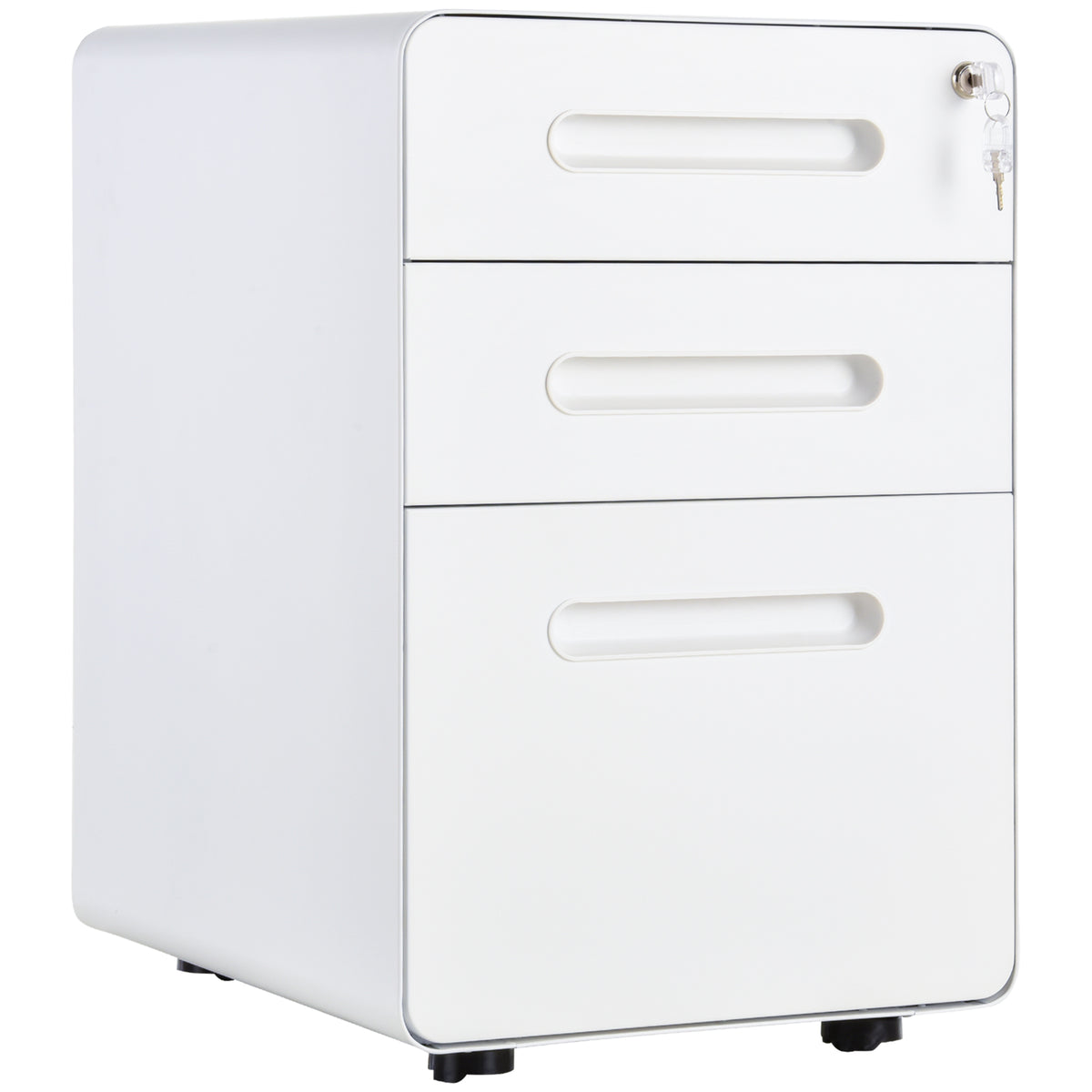 White three-drawer lockable steel filing cabinet on wheels with pencil tray