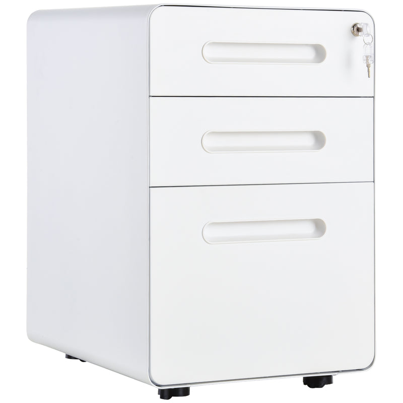 White three-drawer lockable steel filing cabinet on wheels with pencil tray