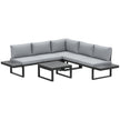 5-seater reclining corner sofa set with two loveseats, corner seat, light grey cushions, black steel frame and square coffee table