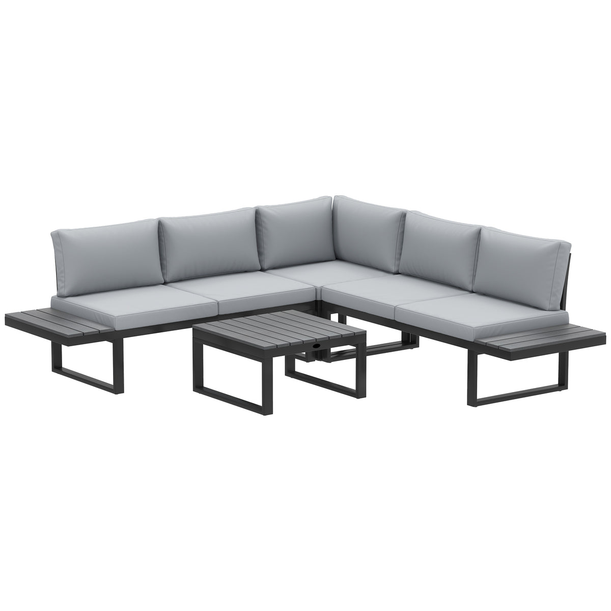 5-seater reclining corner sofa set with two loveseats, corner seat, light grey cushions, black steel frame and square coffee table