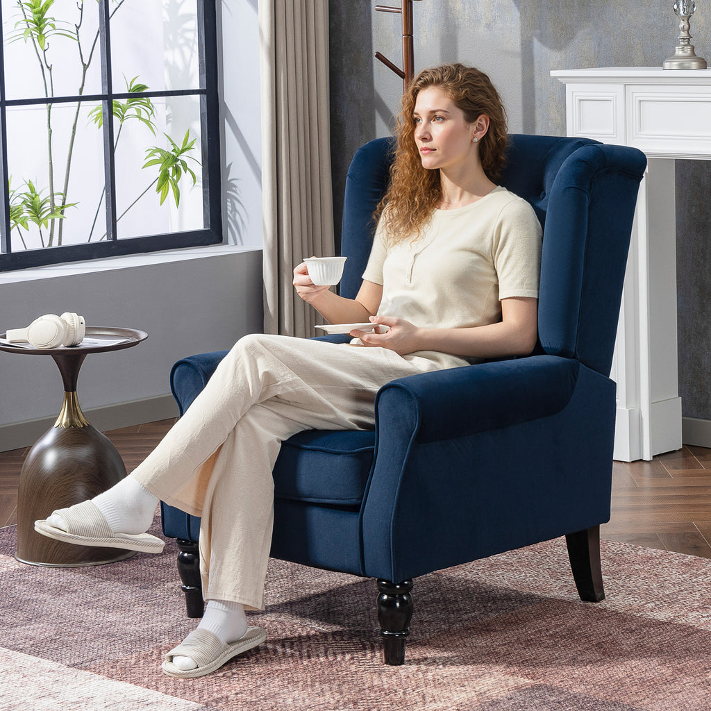 Wingback Accent Chair, Retro Upholstered Button Tufted Occasional Chair for Living Room and Bedroom, Dark Blue