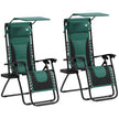 Set of 2 green folding zero gravity recliner chairs with shade canopies and cup holder trays