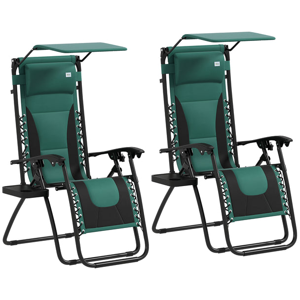 Set of 2 green folding zero gravity recliner chairs with shade canopies and cup holder trays