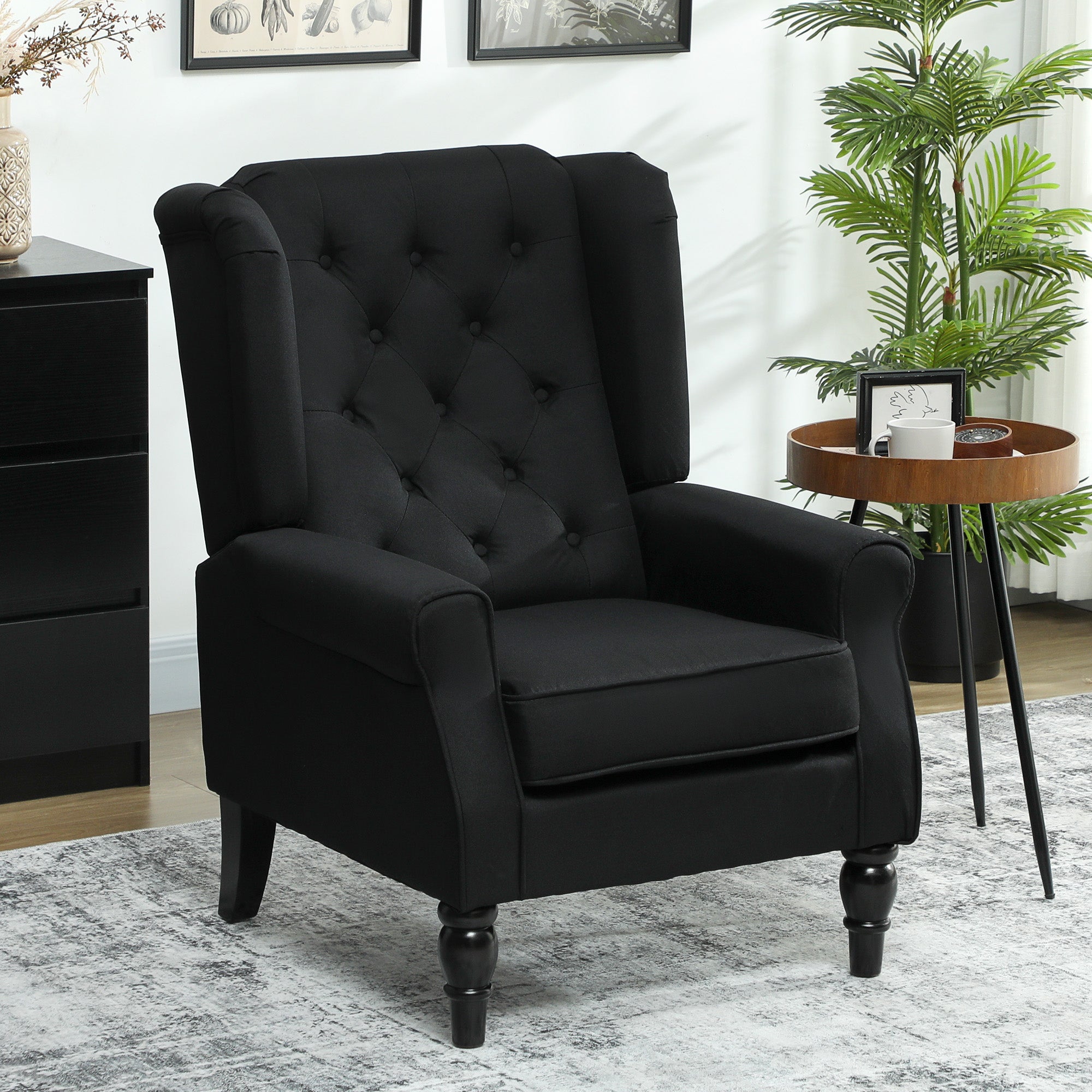 Wingback Accent Chair, Faux Linen Armchair with Thick Spring Cushion, High Back, Solid Wood Legs, Retro Button Tufted Reading Chair for Living Room, Bedroom, Black