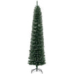 7.5ft tall slim green pencil Christmas tree with white snow-dipped tips on a black stand